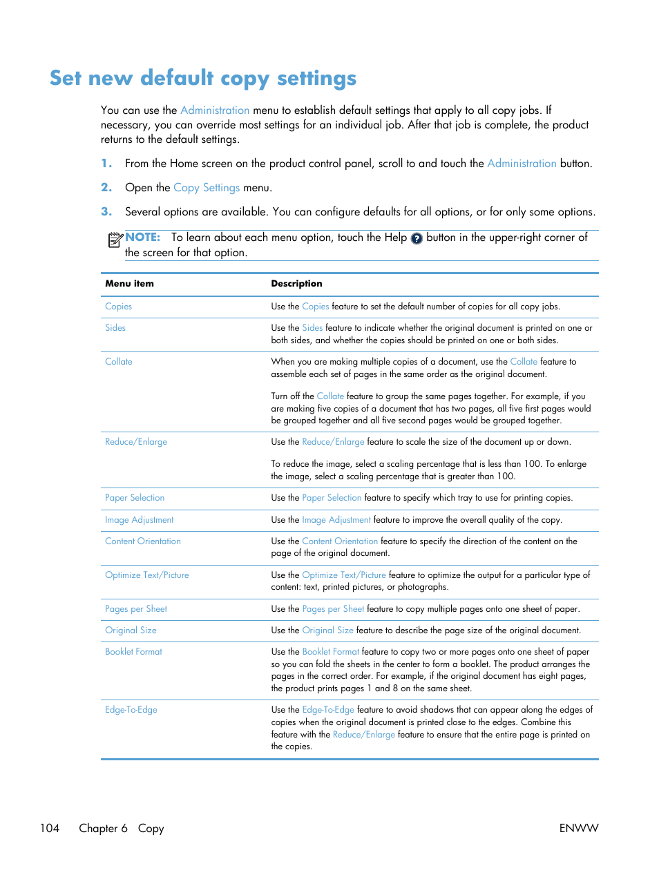 Set new default copy settings | HP LaserJet Enterprise 500 MFP M525 User Manual | Page 118 / 332