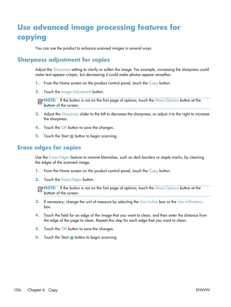 Use advanced image processing features for copying, Sharpness adjustment for copies, Erase edges for copies | HP LaserJet Enterprise 500 MFP M525 User Manual | Page 120 / 332