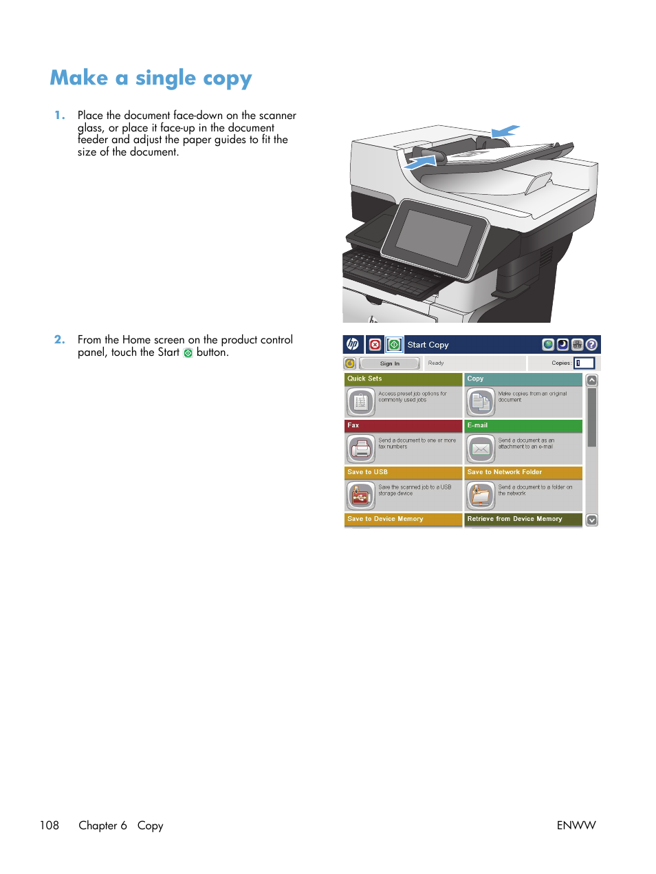 Make a single copy | HP LaserJet Enterprise 500 MFP M525 User Manual | Page 122 / 332