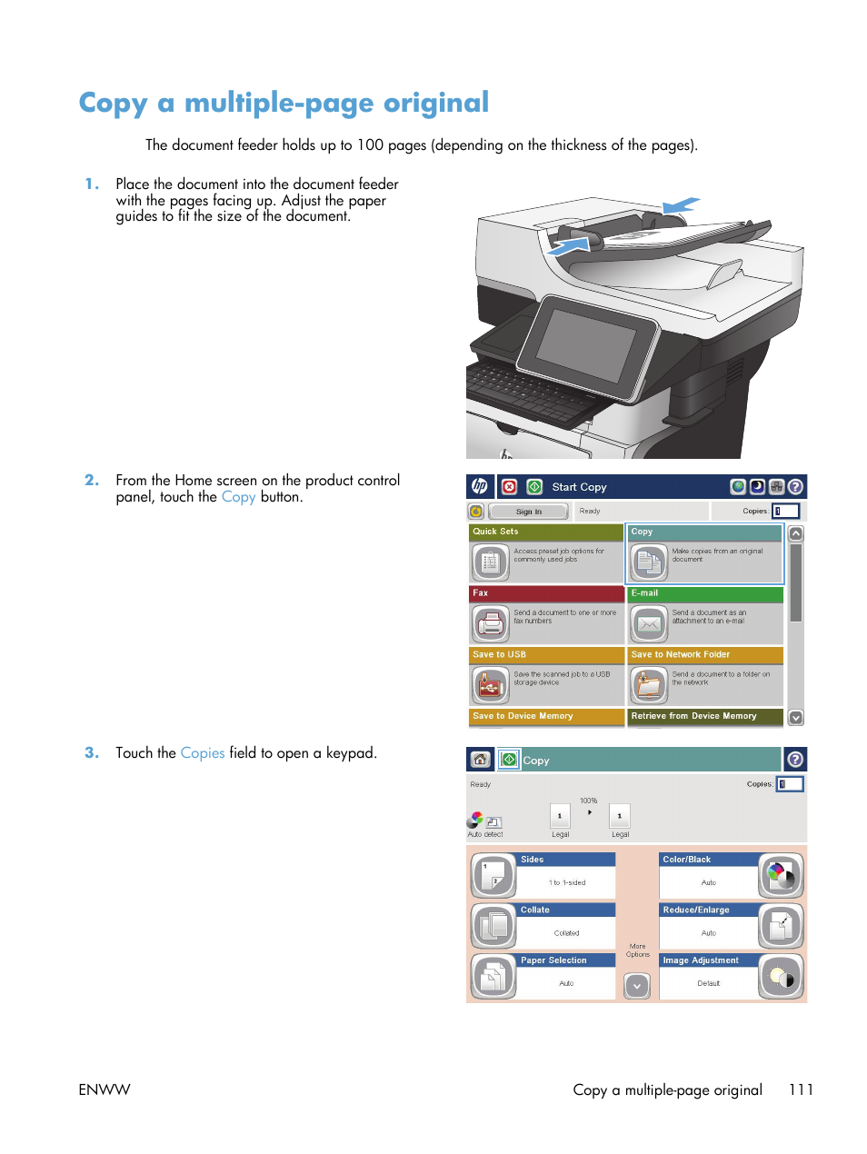 Copy a multiple-page original | HP LaserJet Enterprise 500 MFP M525 User Manual | Page 125 / 332