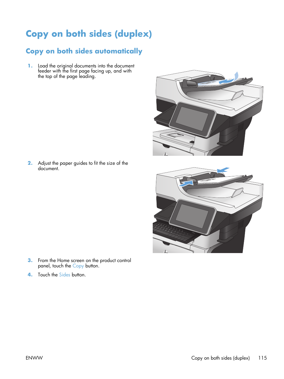 Copy on both sides (duplex), Copy on both sides automatically | HP LaserJet Enterprise 500 MFP M525 User Manual | Page 129 / 332