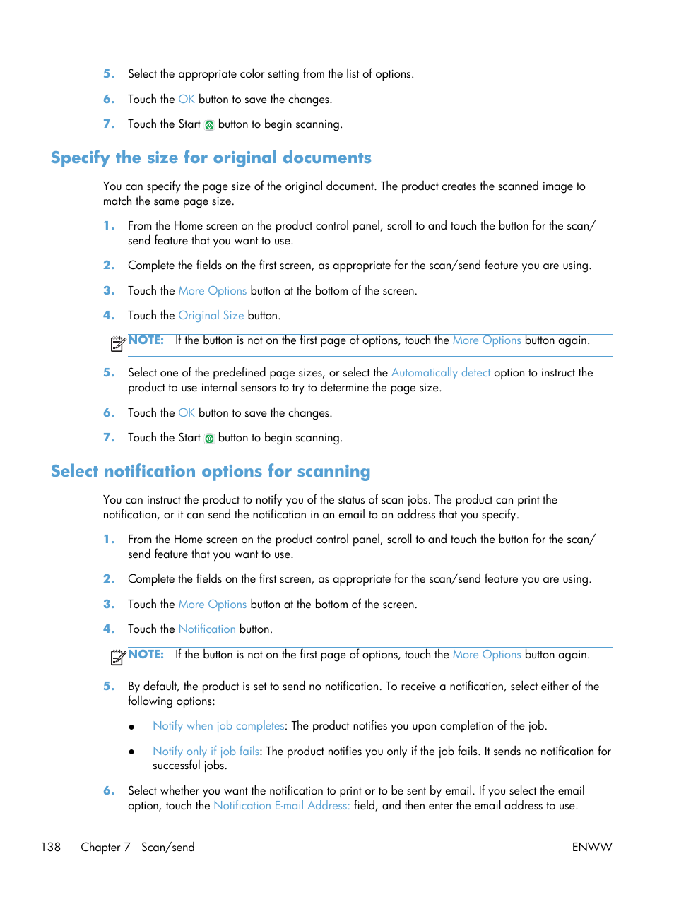 Specify the size for original documents, Select notification options for scanning | HP LaserJet Enterprise 500 MFP M525 User Manual | Page 152 / 332