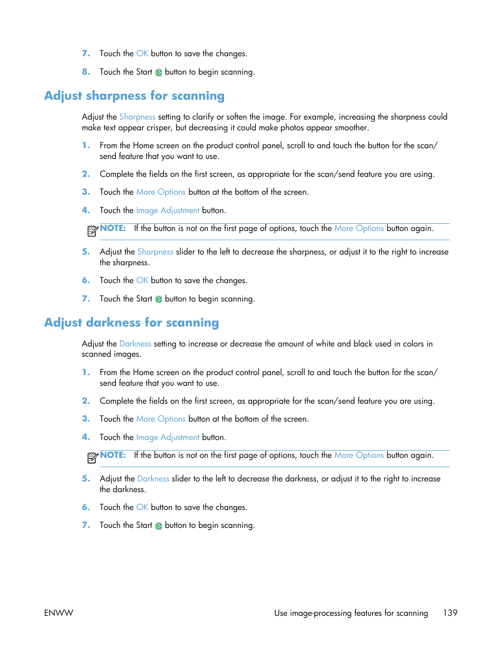 Adjust sharpness for scanning, Adjust darkness for scanning | HP LaserJet Enterprise 500 MFP M525 User Manual | Page 153 / 332