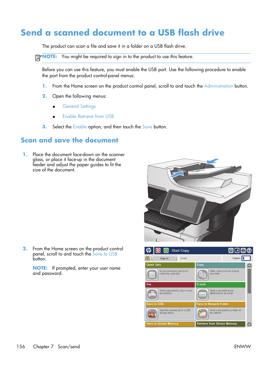 Send a scanned document to a usb flash drive, Scan and save the document | HP LaserJet Enterprise 500 MFP M525 User Manual | Page 170 / 332