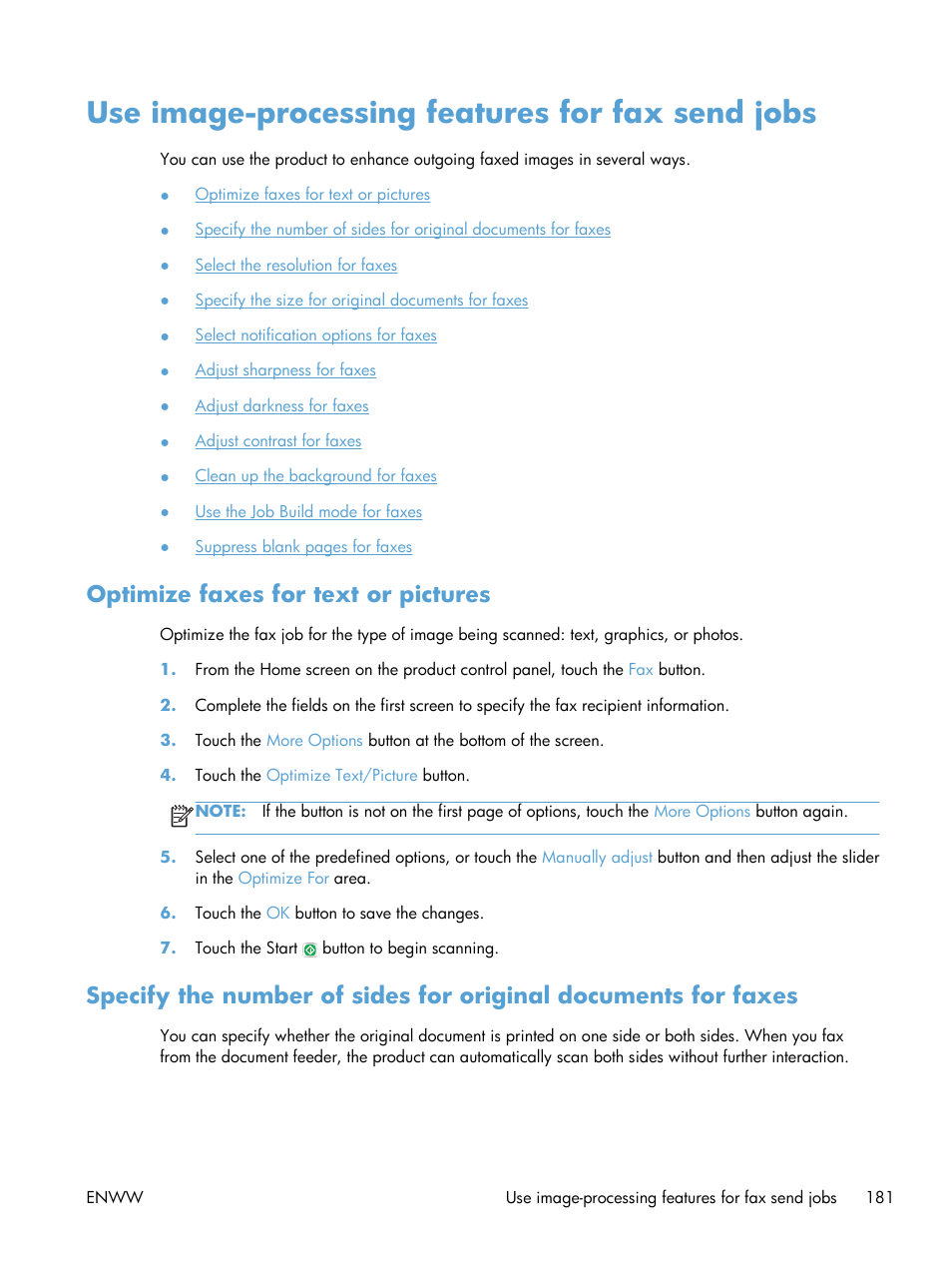 Use image-processing features for fax send jobs, Optimize faxes for text or pictures | HP LaserJet Enterprise 500 MFP M525 User Manual | Page 195 / 332