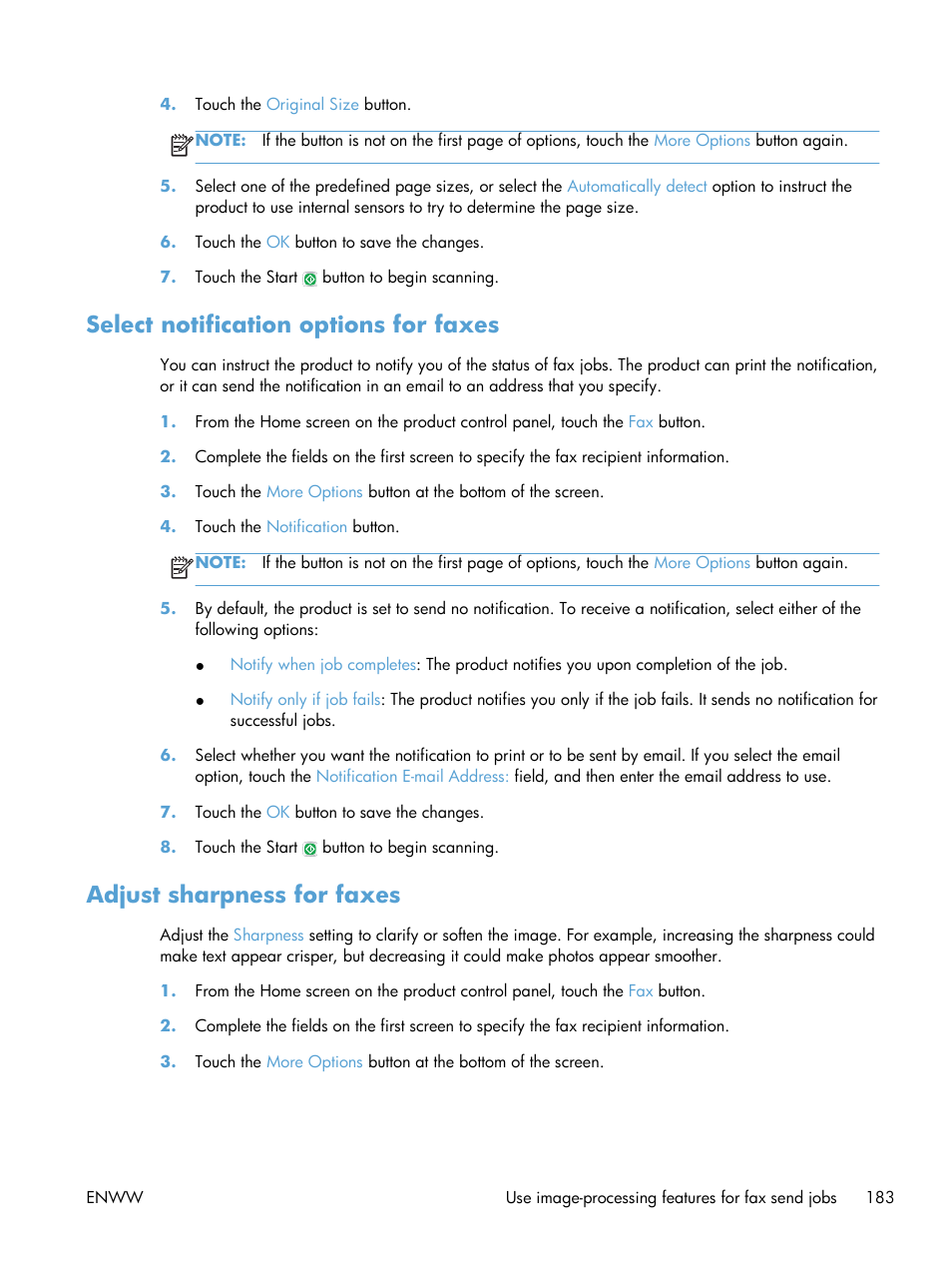 Select notification options for faxes, Adjust sharpness for faxes | HP LaserJet Enterprise 500 MFP M525 User Manual | Page 197 / 332