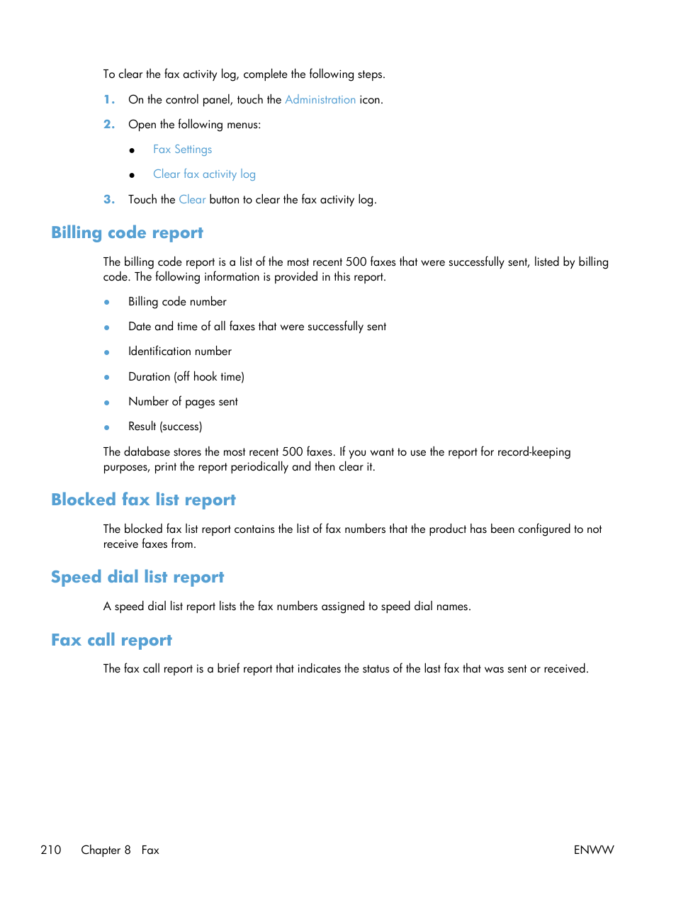 Billing code report, Blocked fax list report, Speed dial list report | Fax call report | HP LaserJet Enterprise 500 MFP M525 User Manual | Page 224 / 332