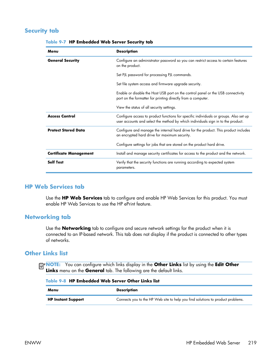 Security tab, Hp web services tab, Networking tab | Other links list | HP LaserJet Enterprise 500 MFP M525 User Manual | Page 233 / 332