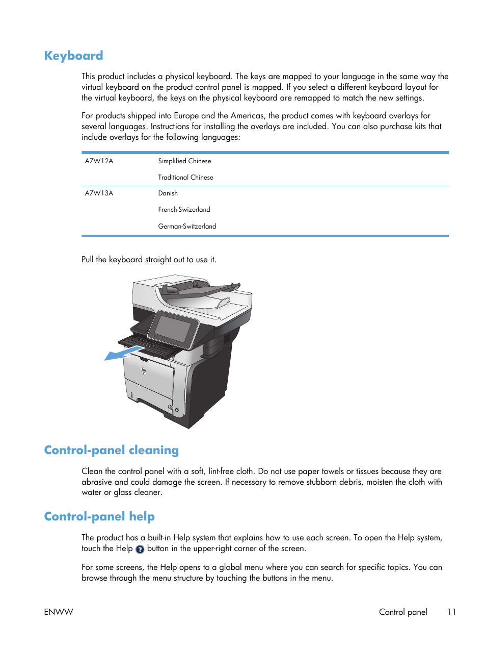 Keyboard, Control-panel cleaning, Control-panel help | Keyboard control-panel cleaning control-panel help | HP LaserJet Enterprise 500 MFP M525 User Manual | Page 25 / 332