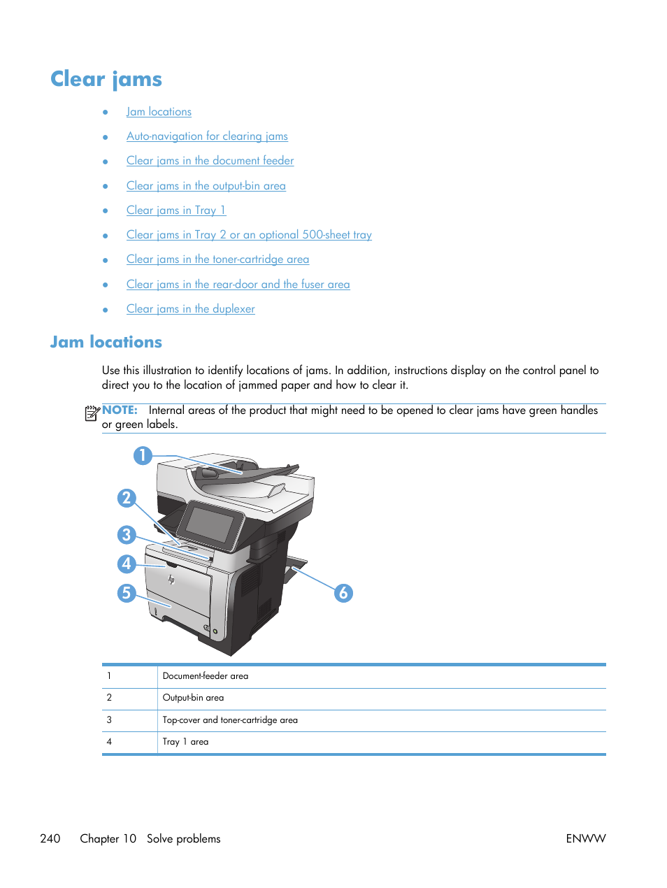Clear jams, Jam locations | HP LaserJet Enterprise 500 MFP M525 User Manual | Page 254 / 332