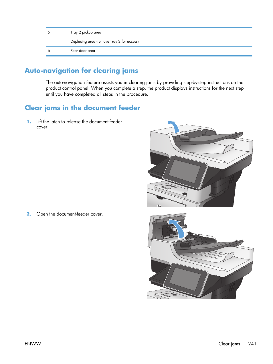 Auto-navigation for clearing jams, Clear jams in the document feeder | HP LaserJet Enterprise 500 MFP M525 User Manual | Page 255 / 332