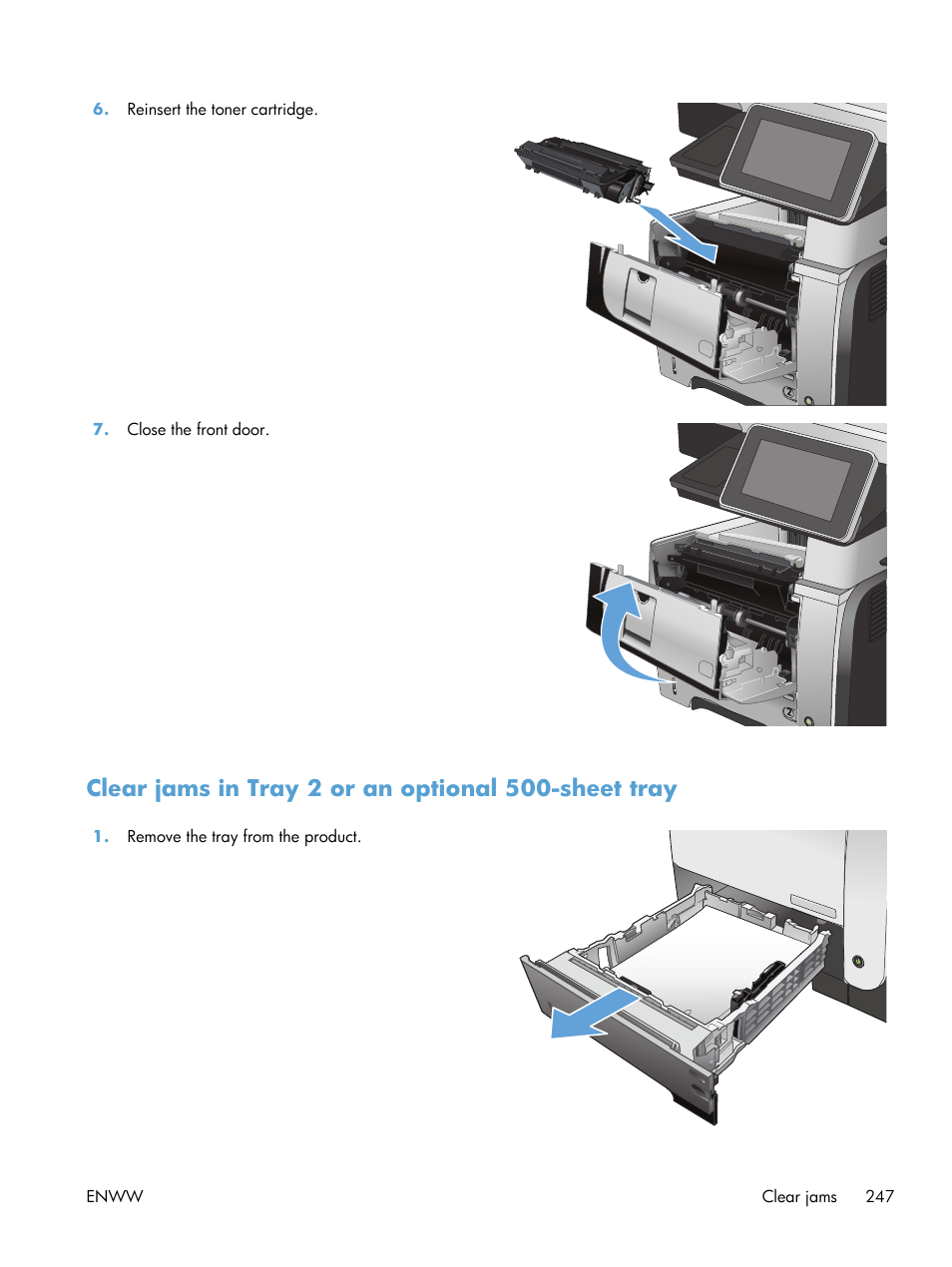 Clear jams in tray 2 or an optional 500-sheet tray | HP LaserJet Enterprise 500 MFP M525 User Manual | Page 261 / 332