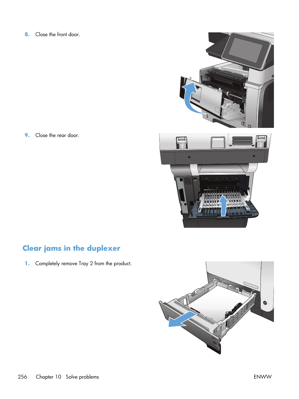 Clear jams in the duplexer | HP LaserJet Enterprise 500 MFP M525 User Manual | Page 270 / 332