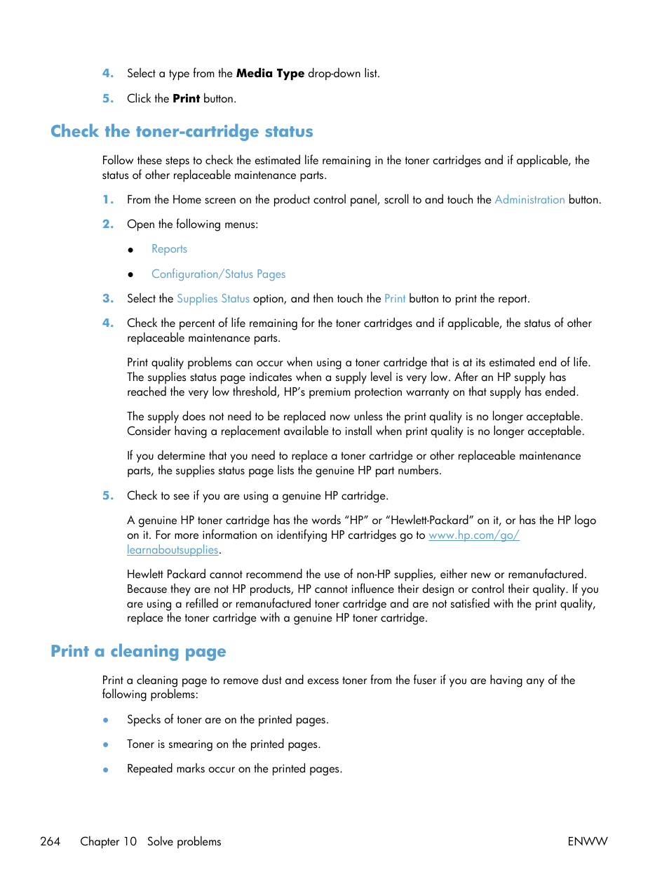 Check the toner-cartridge status, Print a cleaning page | HP LaserJet Enterprise 500 MFP M525 User Manual | Page 278 / 332