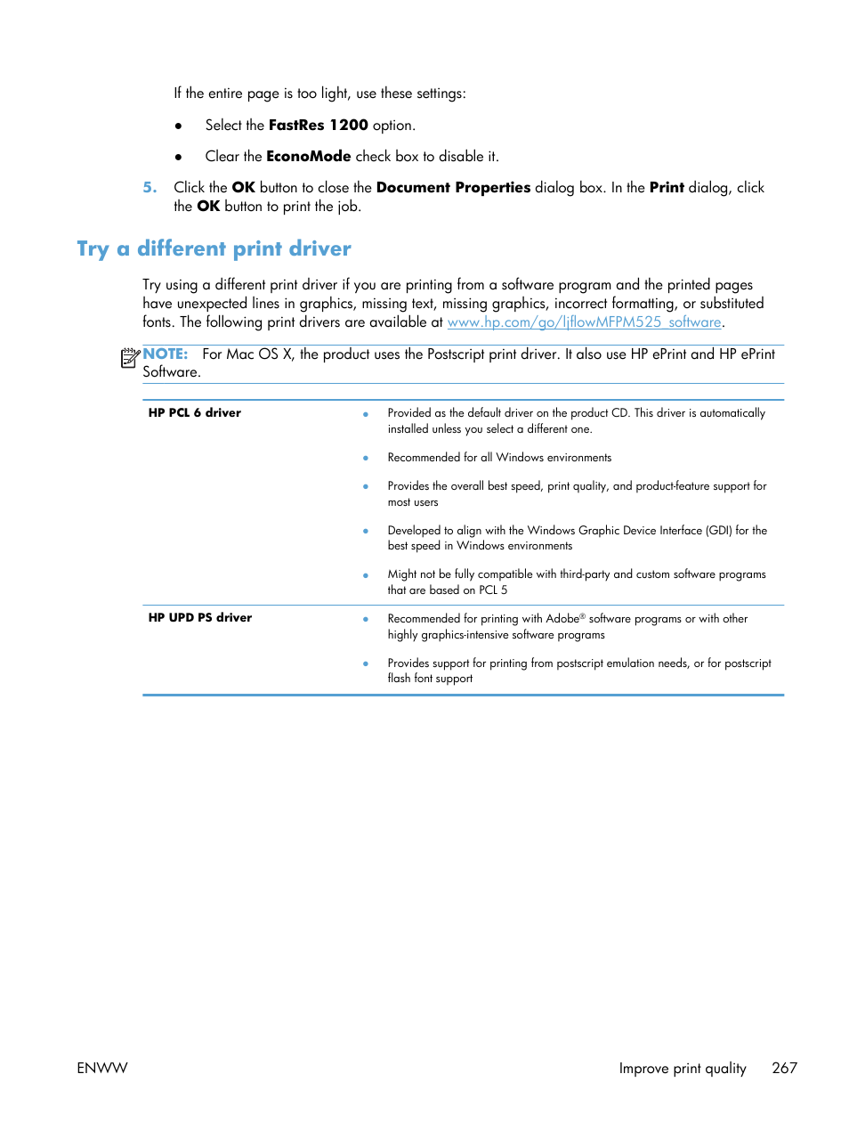 Try a different print driver | HP LaserJet Enterprise 500 MFP M525 User Manual | Page 281 / 332