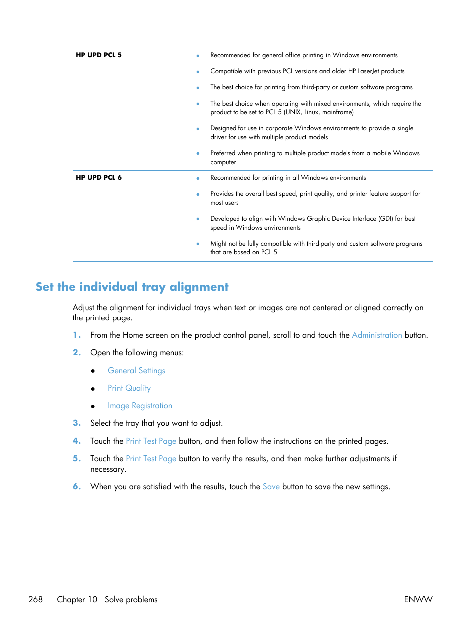 Set the individual tray alignment | HP LaserJet Enterprise 500 MFP M525 User Manual | Page 282 / 332
