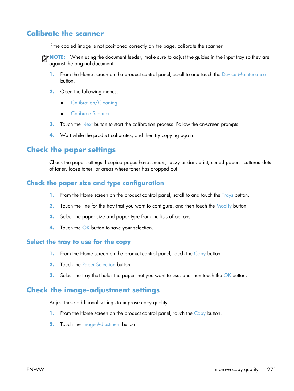 Calibrate the scanner, Check the paper settings, Check the paper size and type configuration | Select the tray to use for the copy, Check the image-adjustment settings, Calibrate the scanner check the paper settings | HP LaserJet Enterprise 500 MFP M525 User Manual | Page 285 / 332