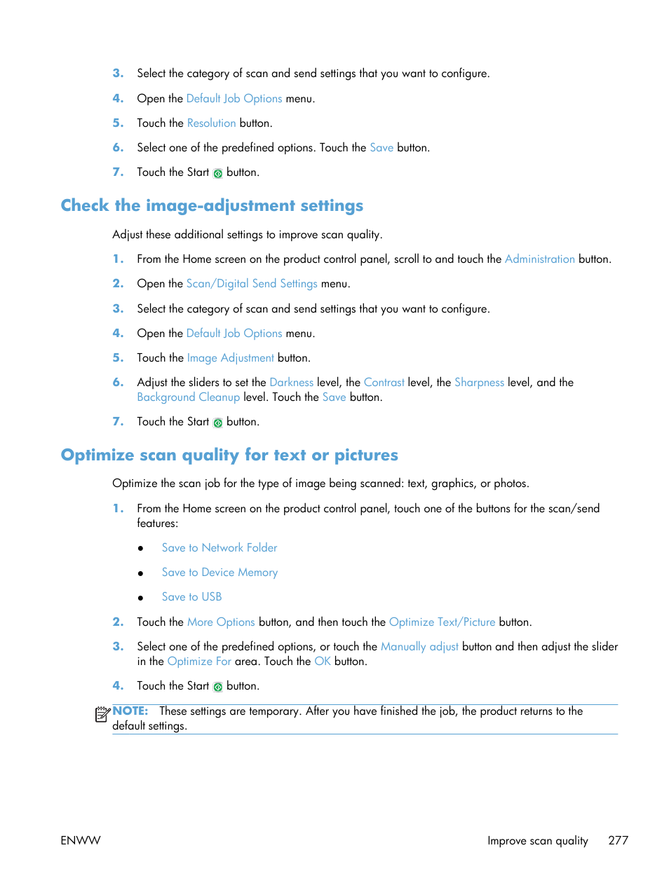 Check the image-adjustment settings, Optimize scan quality for text or pictures | HP LaserJet Enterprise 500 MFP M525 User Manual | Page 291 / 332
