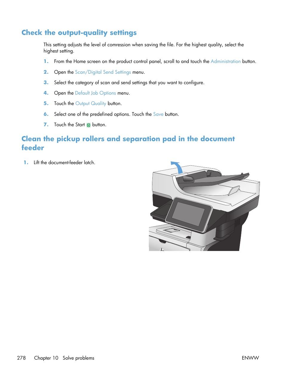 Check the output-quality settings | HP LaserJet Enterprise 500 MFP M525 User Manual | Page 292 / 332