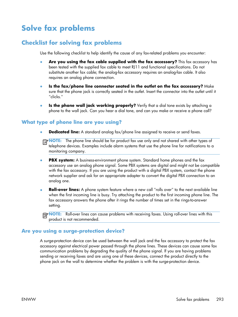 Solve fax problems, Checklist for solving fax problems, What type of phone line are you using | Are you using a surge-protection device | HP LaserJet Enterprise 500 MFP M525 User Manual | Page 307 / 332