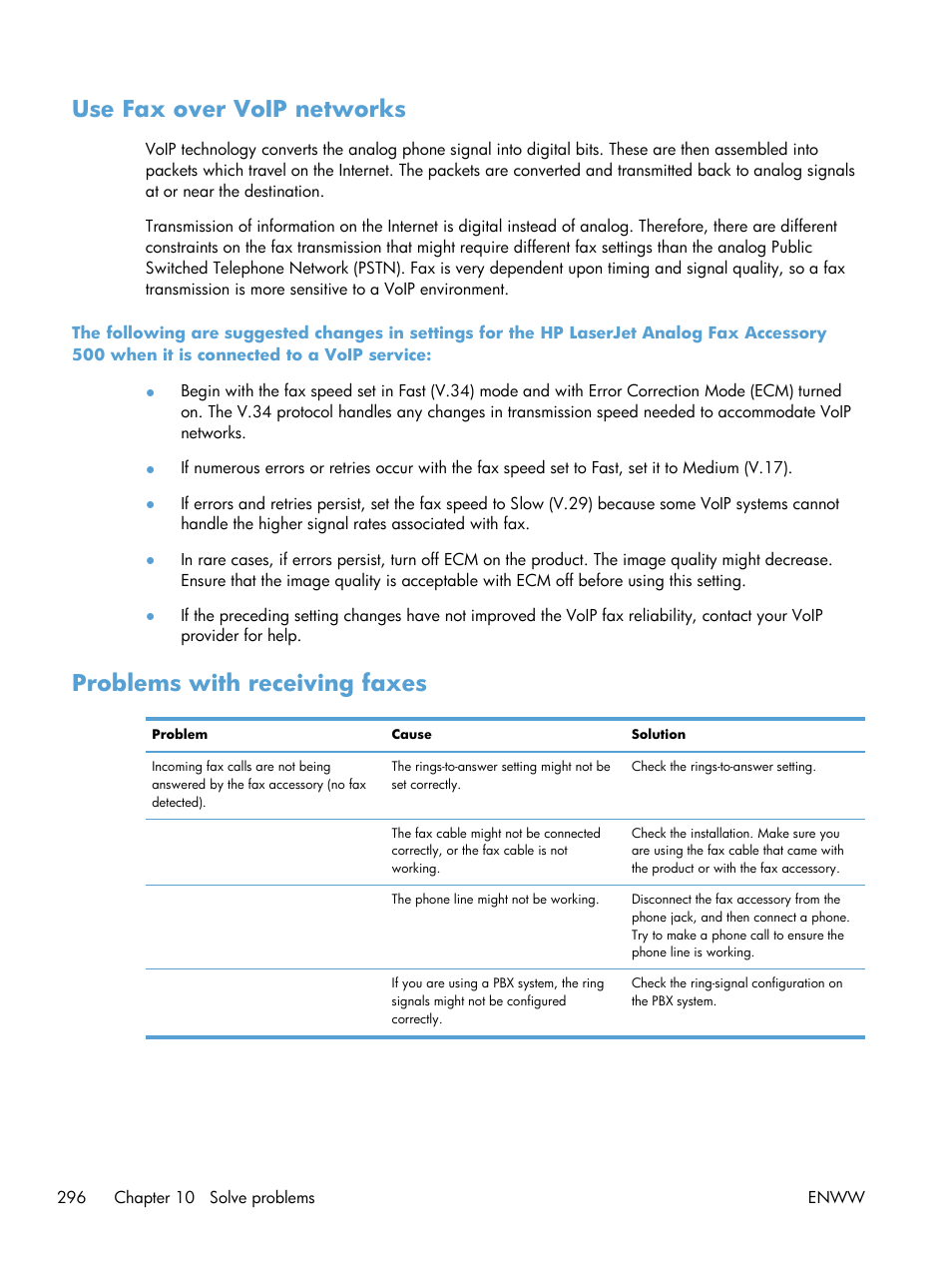 Use fax over voip networks, Problems with receiving faxes | HP LaserJet Enterprise 500 MFP M525 User Manual | Page 310 / 332