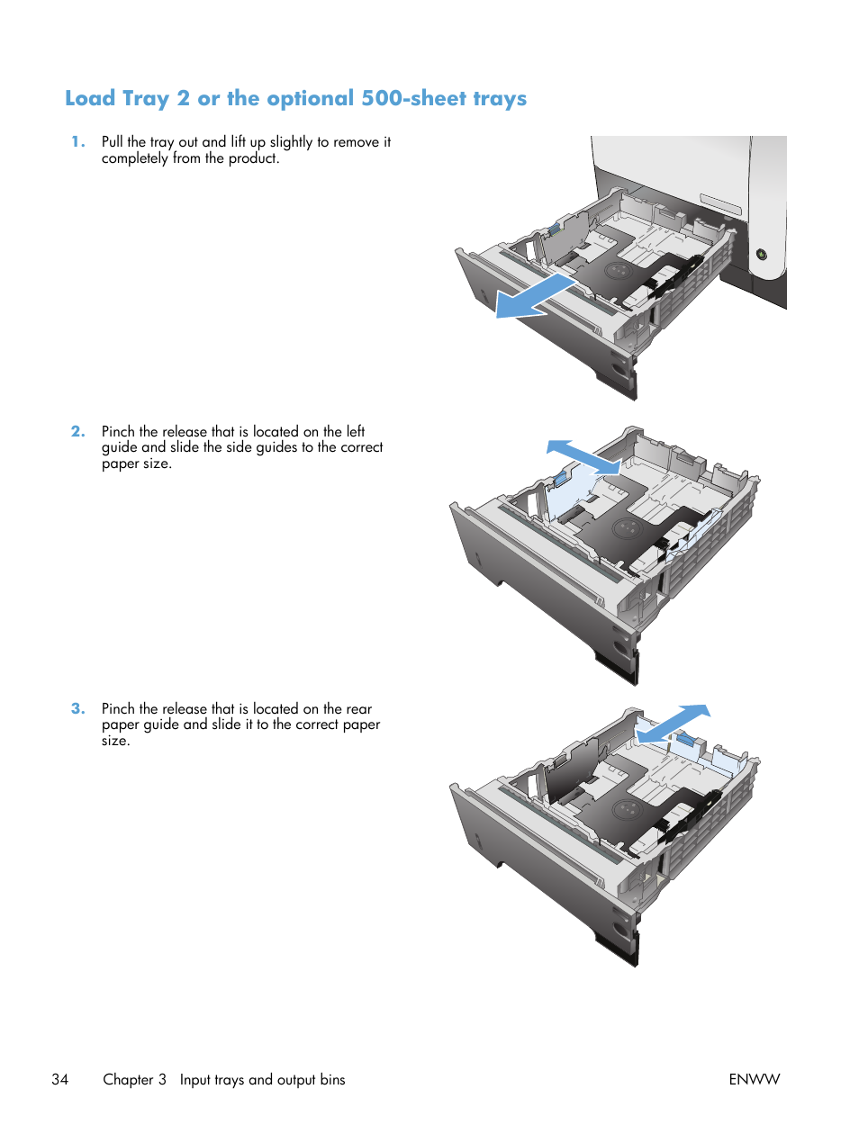 Load tray 2 or the optional 500-sheet trays | HP LaserJet Enterprise 500 MFP M525 User Manual | Page 48 / 332