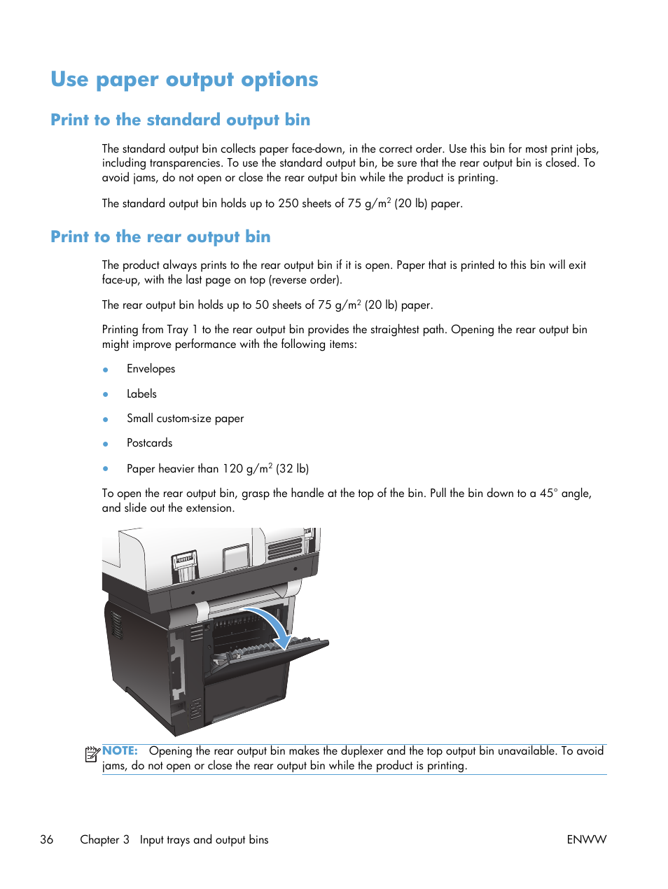 Use paper output options, Print to the standard output bin, Print to the rear output bin | HP LaserJet Enterprise 500 MFP M525 User Manual | Page 50 / 332