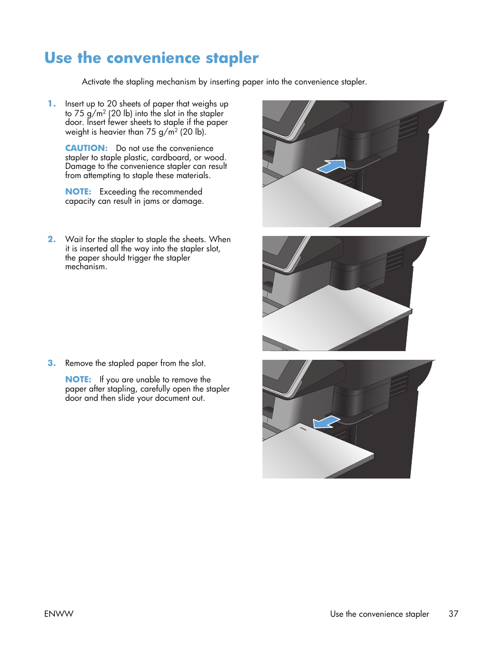 Use the convenience stapler | HP LaserJet Enterprise 500 MFP M525 User Manual | Page 51 / 332