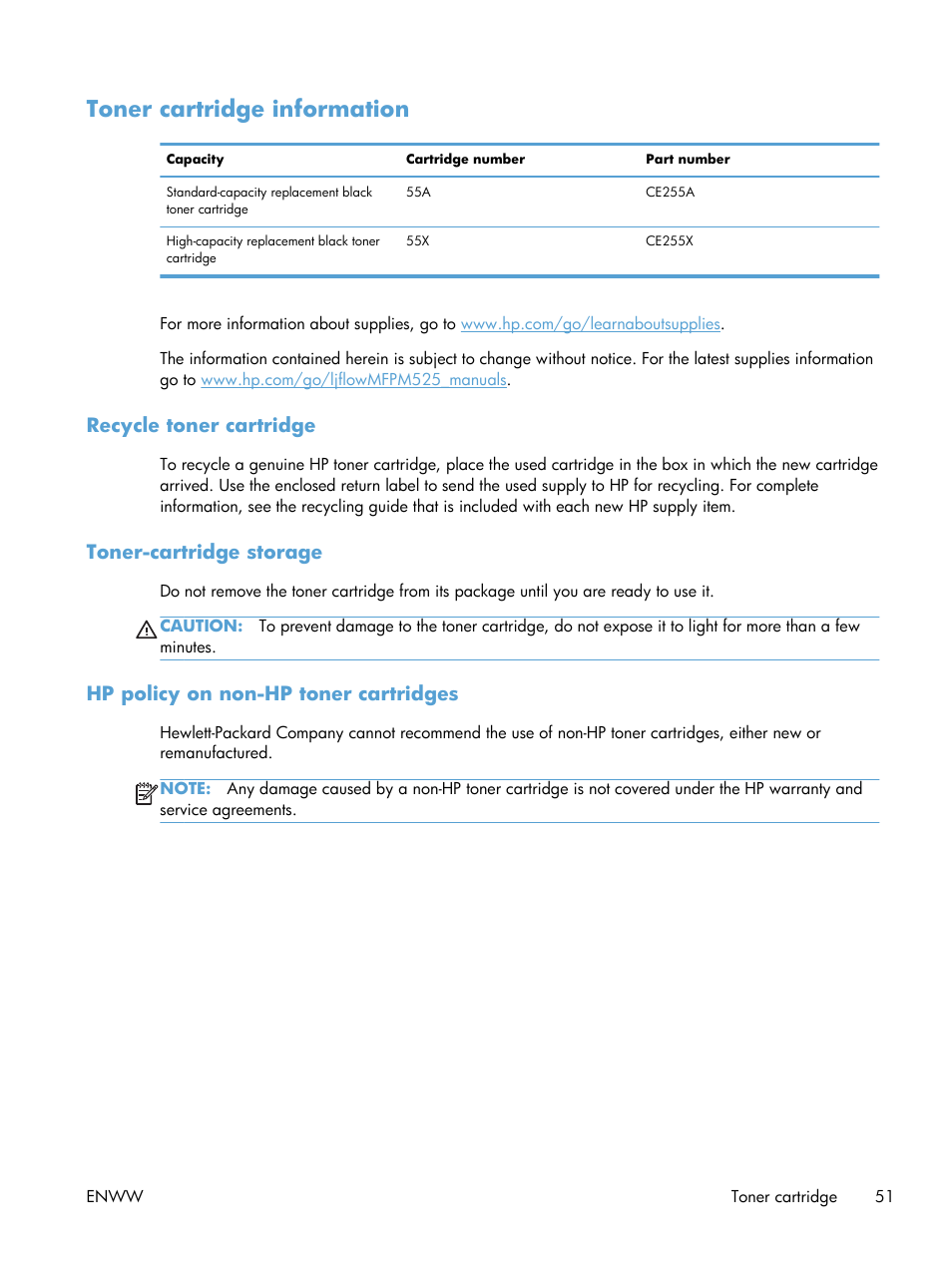 Toner cartridge information, Recycle toner cartridge, Toner-cartridge storage | Hp policy on non-hp toner cartridges | HP LaserJet Enterprise 500 MFP M525 User Manual | Page 65 / 332