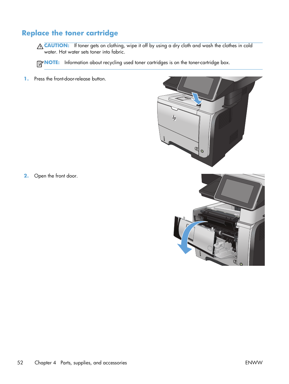 Replace the toner cartridge | HP LaserJet Enterprise 500 MFP M525 User Manual | Page 66 / 332
