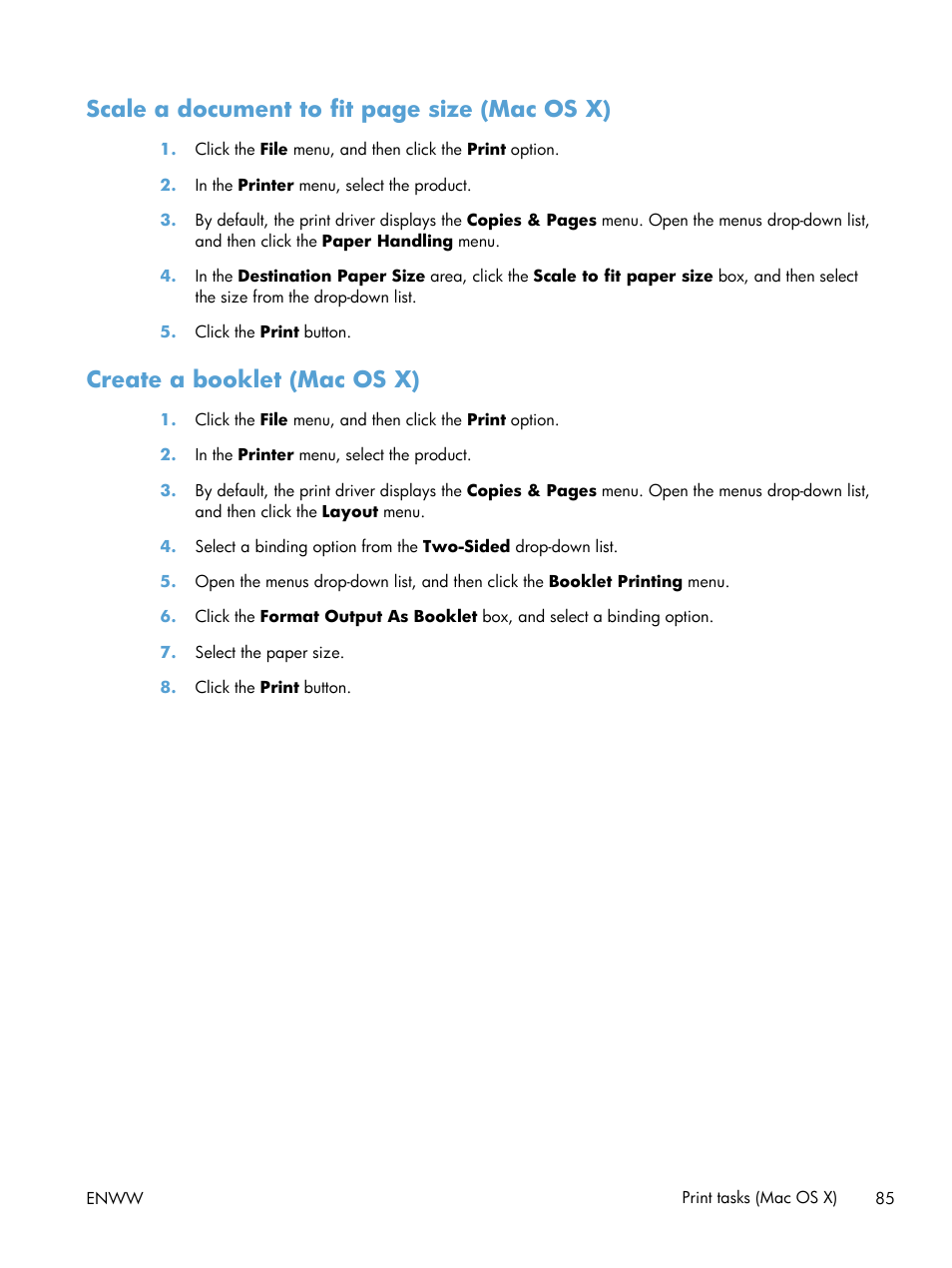 Create a booklet (mac os x), Scale a document to fit page size (mac os x) | HP LaserJet Enterprise 500 MFP M525 User Manual | Page 99 / 332