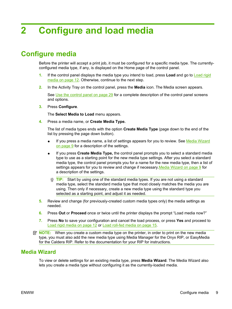 Configure and load media, Configure media, Media wizard | 2 configure and load media, 2configure and load media | HP Scitex FB700 Industrial Printer User Manual | Page 15 / 102