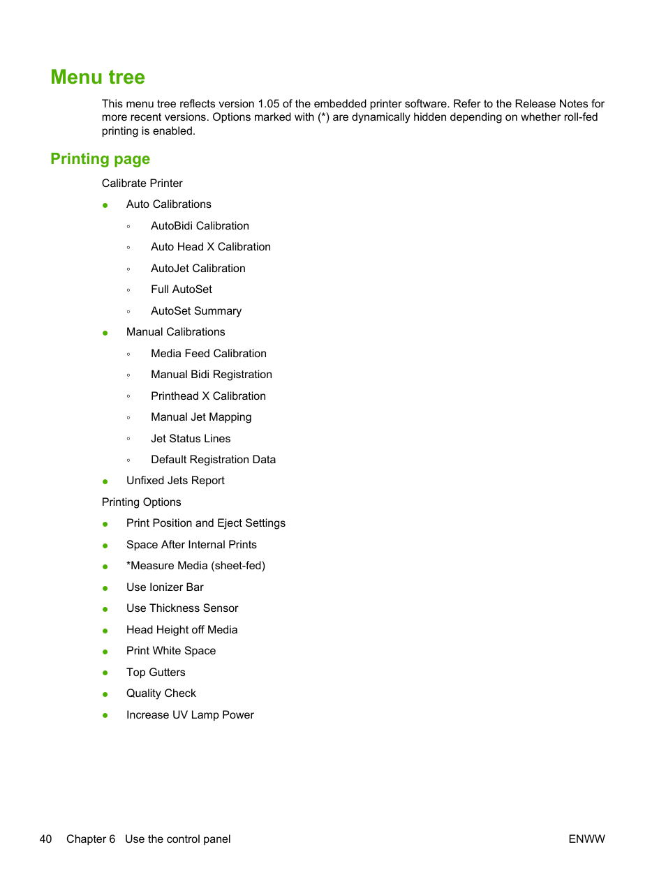 Menu tree, Printing page | HP Scitex FB700 Industrial Printer User Manual | Page 46 / 102