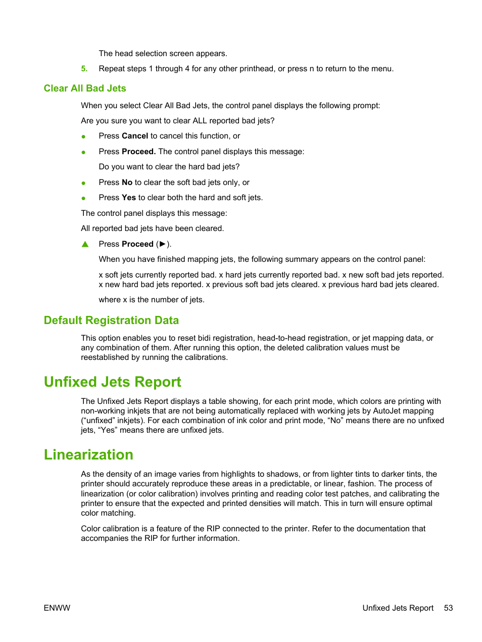 Clear all bad jets, Default registration data, Unfixed jets report | Linearization, Unfixed jets report linearization | HP Scitex FB700 Industrial Printer User Manual | Page 59 / 102