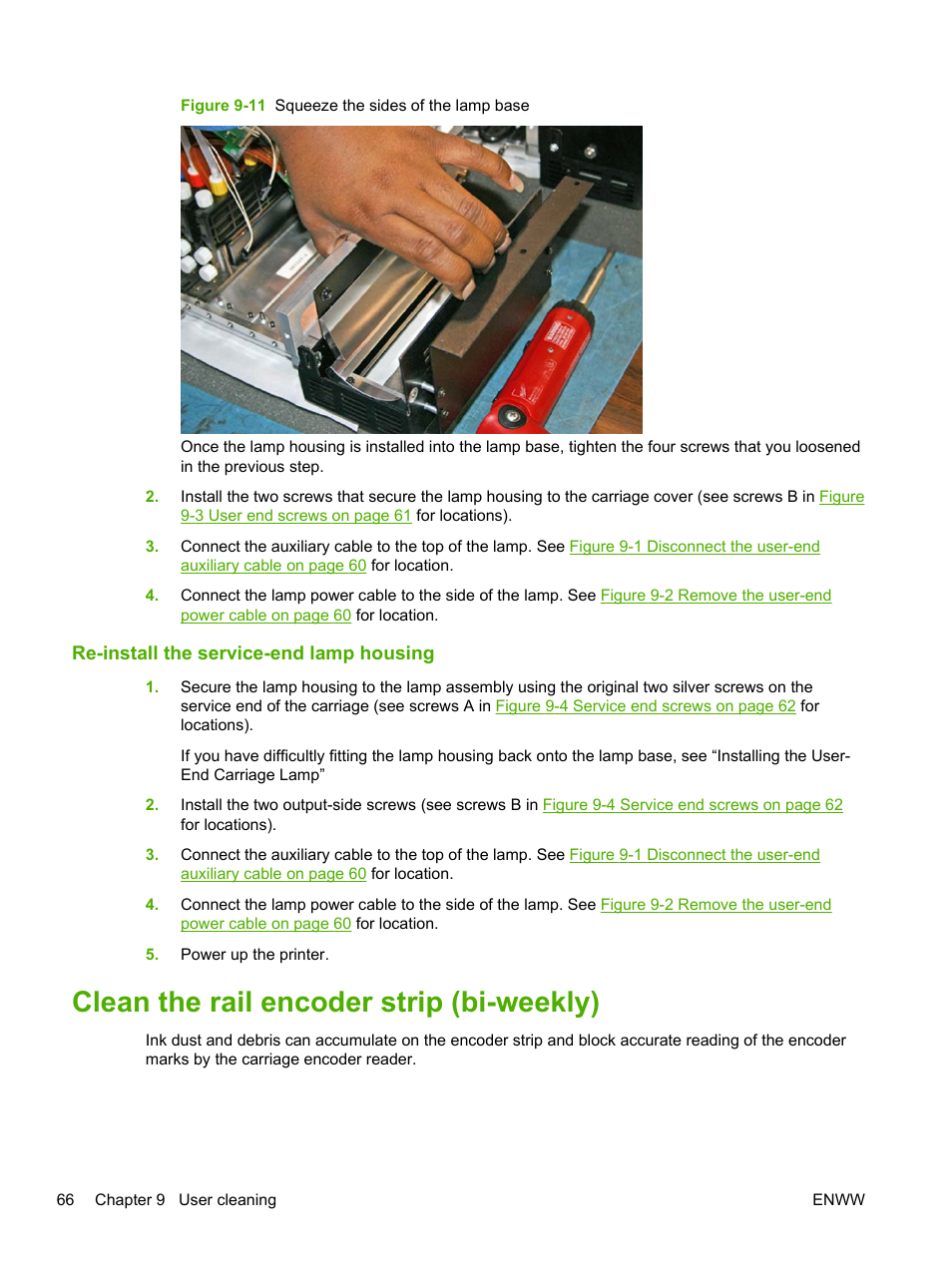 Re-install the service-end lamp housing, Clean the rail encoder strip (bi-weekly) | HP Scitex FB700 Industrial Printer User Manual | Page 72 / 102