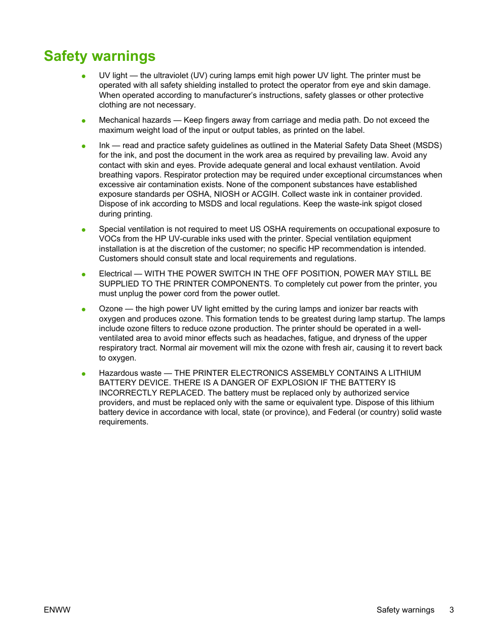 Safety warnings | HP Scitex FB700 Industrial Printer User Manual | Page 9 / 102
