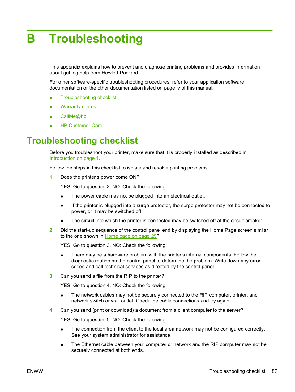 Troubleshooting, Troubleshooting checklist, Appendix b troubleshooting | Btroubleshooting | HP Scitex FB700 Industrial Printer User Manual | Page 93 / 102