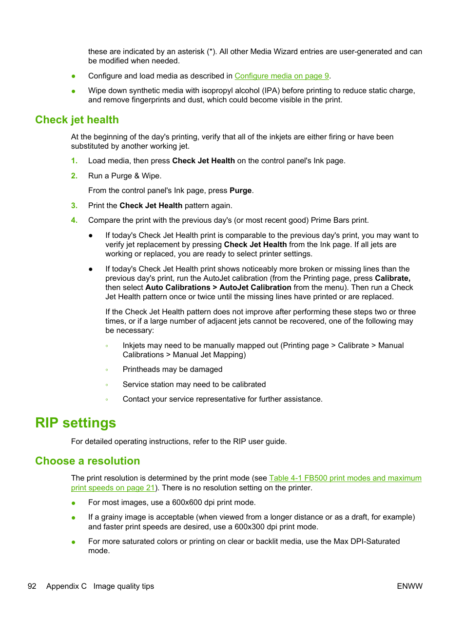 Check jet health, Rip settings, Choose a resolution | HP Scitex FB700 Industrial Printer User Manual | Page 98 / 102