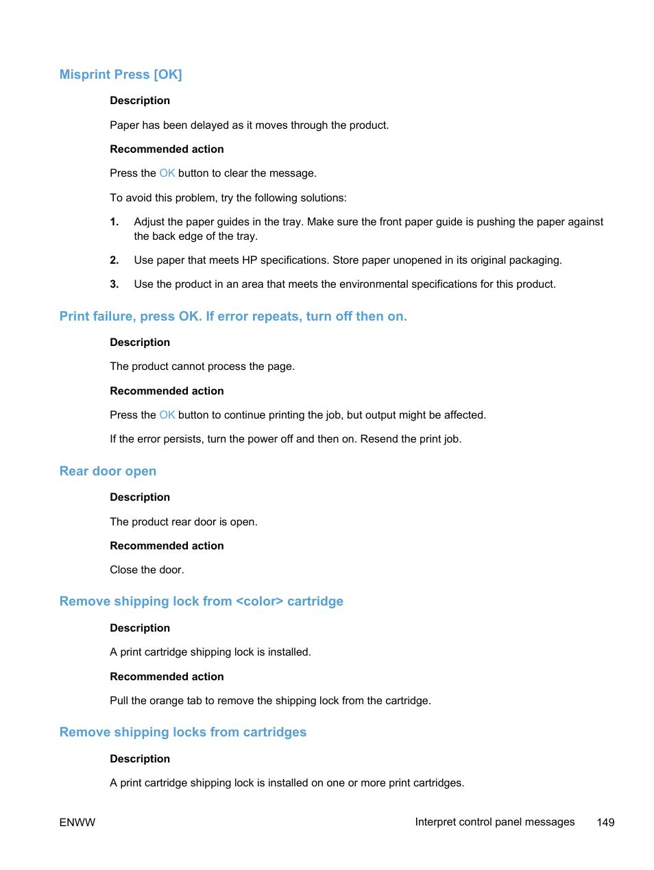 Misprint press [ok, Rear door open, Remove shipping lock from <color> cartridge | Remove shipping locks from cartridges | HP LaserJet Pro 400 color Printer M451 series User Manual | Page 167 / 242