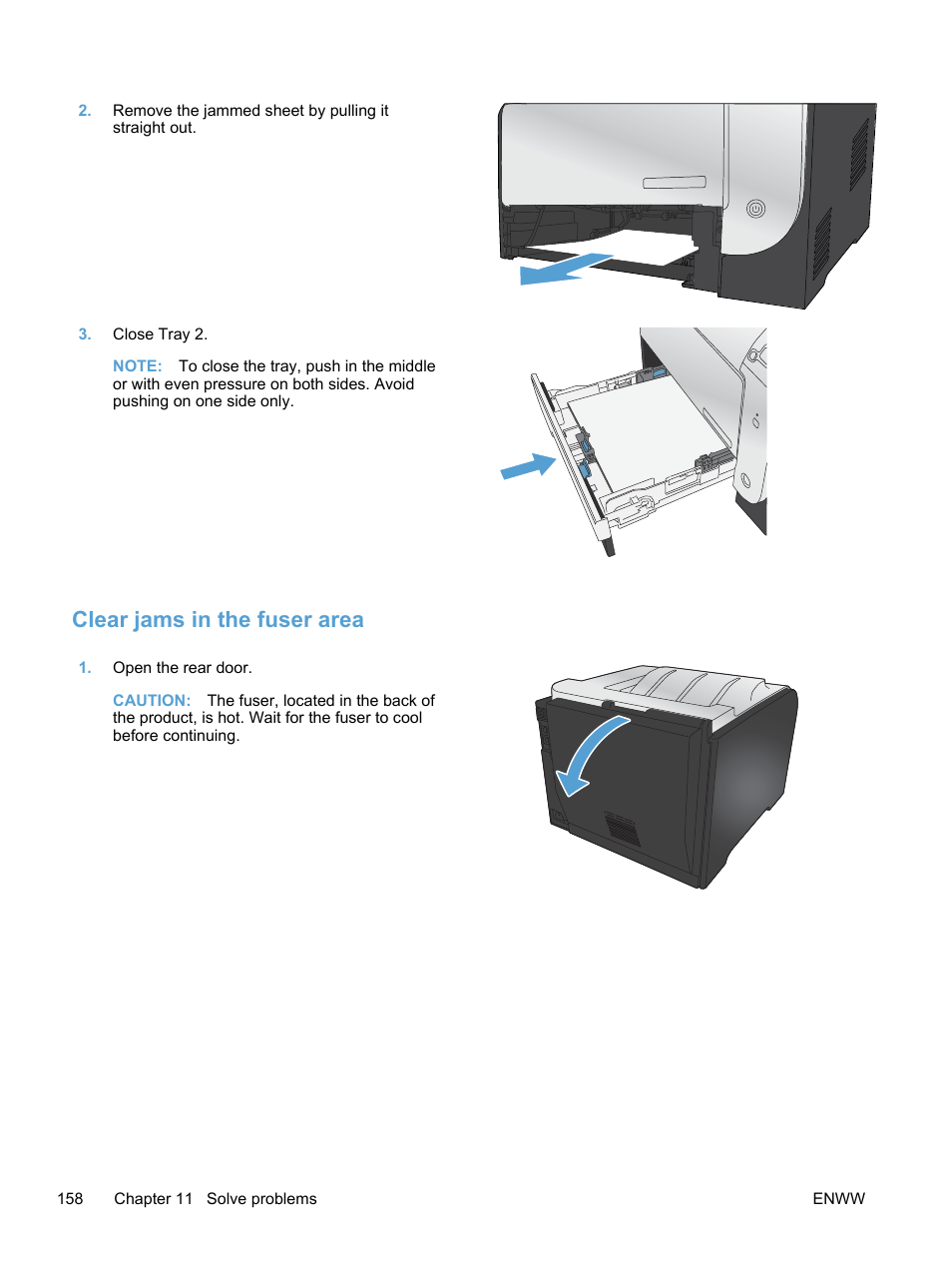 Clear jams in the fuser area | HP LaserJet Pro 400 color Printer M451 series User Manual | Page 176 / 242