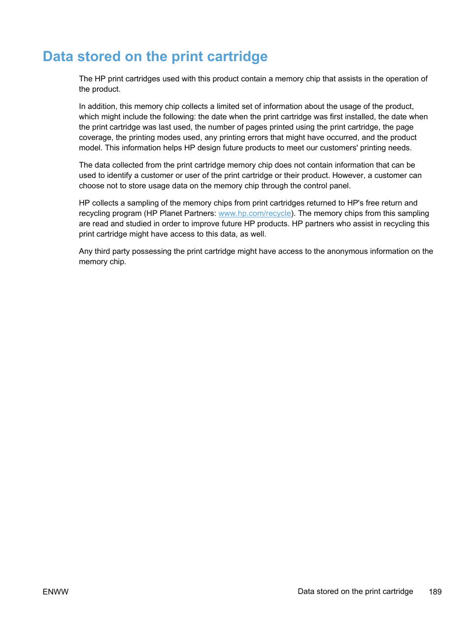 Data stored on the print cartridge | HP LaserJet Pro 400 color Printer M451 series User Manual | Page 207 / 242