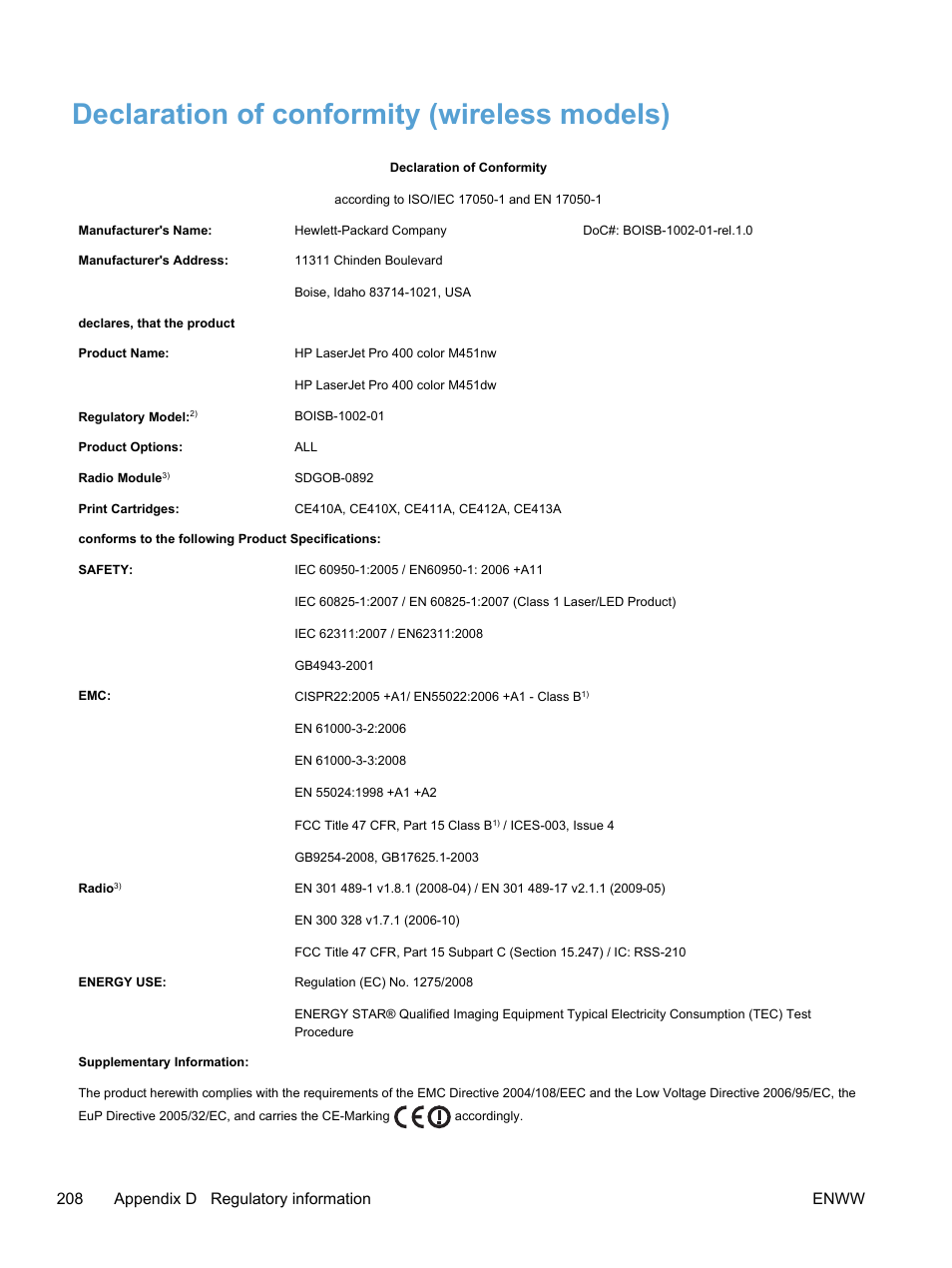 Declaration of conformity (wireless models), 208 appendix d regulatory information enww | HP LaserJet Pro 400 color Printer M451 series User Manual | Page 226 / 242