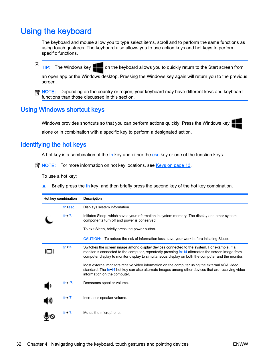Using the keyboard, Using windows shortcut keys, Identifying the hot keys | HP EliteBook 725 G2 Notebook PC User Manual | Page 42 / 114