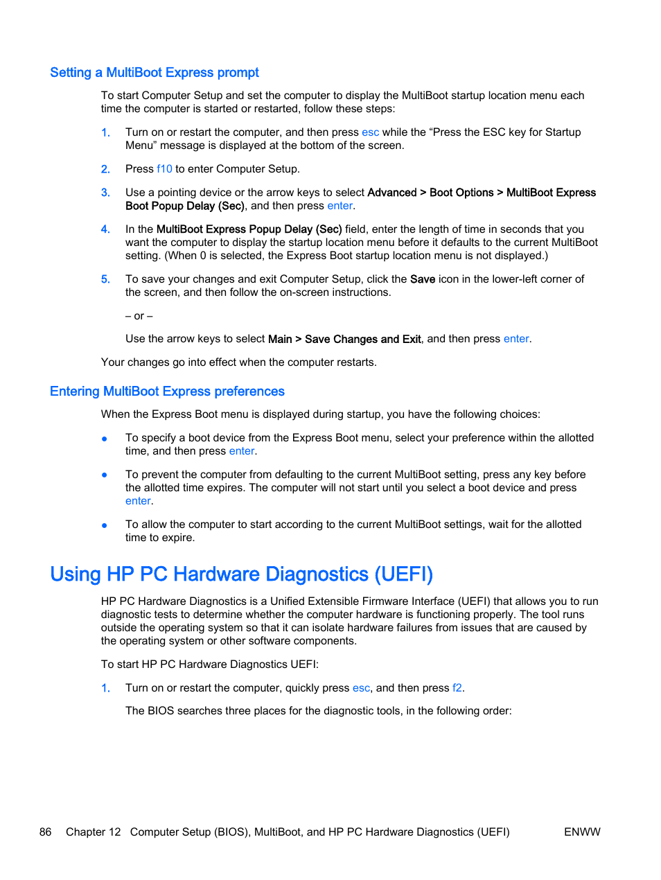 Setting a multiboot express prompt, Entering multiboot express preferences, Using hp pc hardware diagnostics (uefi) | HP EliteBook 725 G2 Notebook PC User Manual | Page 96 / 114
