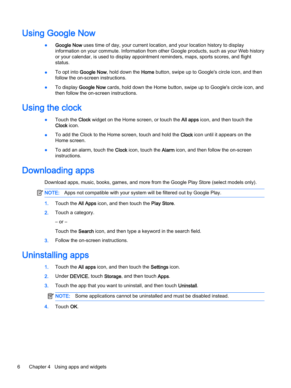 Using google now, Using the clock, Downloading apps | Uninstalling apps | HP SlateBook 14-p010nr PC User Manual | Page 10 / 22