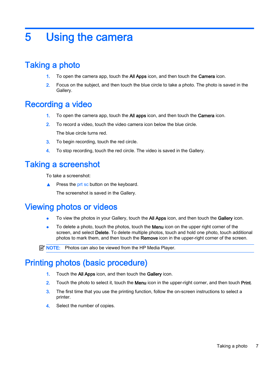Using the camera, Taking a photo, Recording a video | Taking a screenshot, Viewing photos or videos, Printing photos (basic procedure), 5 using the camera, 5using the camera | HP SlateBook 14-p010nr PC User Manual | Page 11 / 22