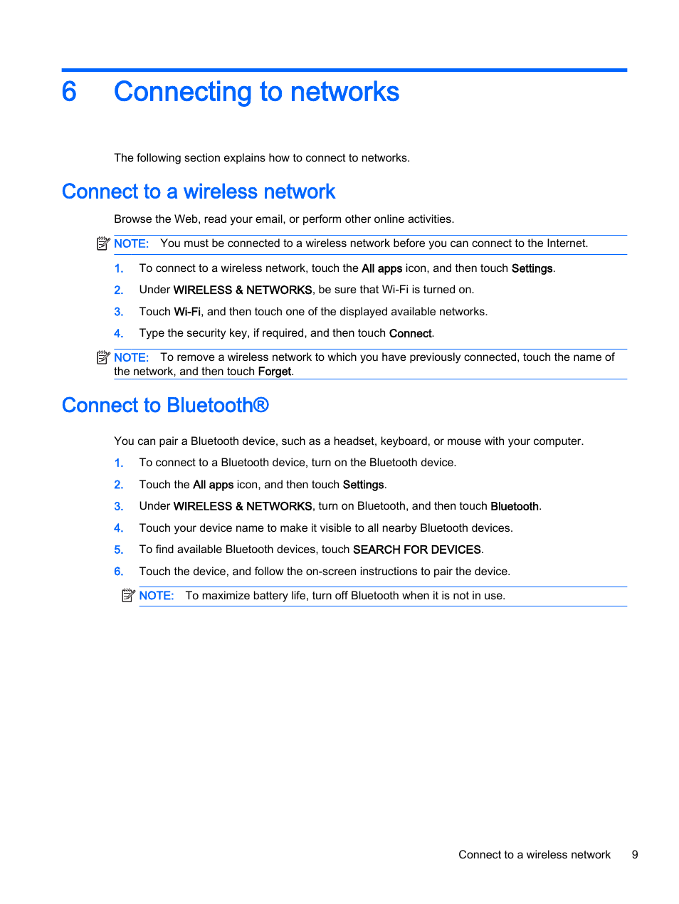 Connecting to networks, Connect to a wireless network, Connect to bluetooth | 6 connecting to networks, Connect to a wireless network connect to bluetooth, 6connecting to networks | HP SlateBook 14-p010nr PC User Manual | Page 13 / 22