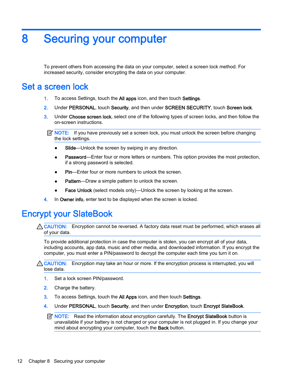 Securing your computer, Set a screen lock, Encrypt your slatebook | 8 securing your computer, Set a screen lock encrypt your slatebook, 8securing your computer | HP SlateBook 14-p010nr PC User Manual | Page 16 / 22