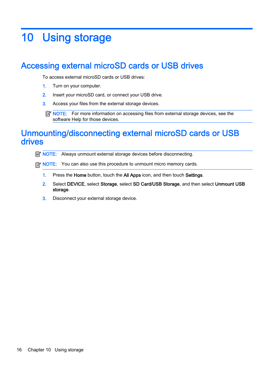 Using storage, Accessing external microsd cards or usb drives, 10 using storage | HP SlateBook 14-p010nr PC User Manual | Page 20 / 22