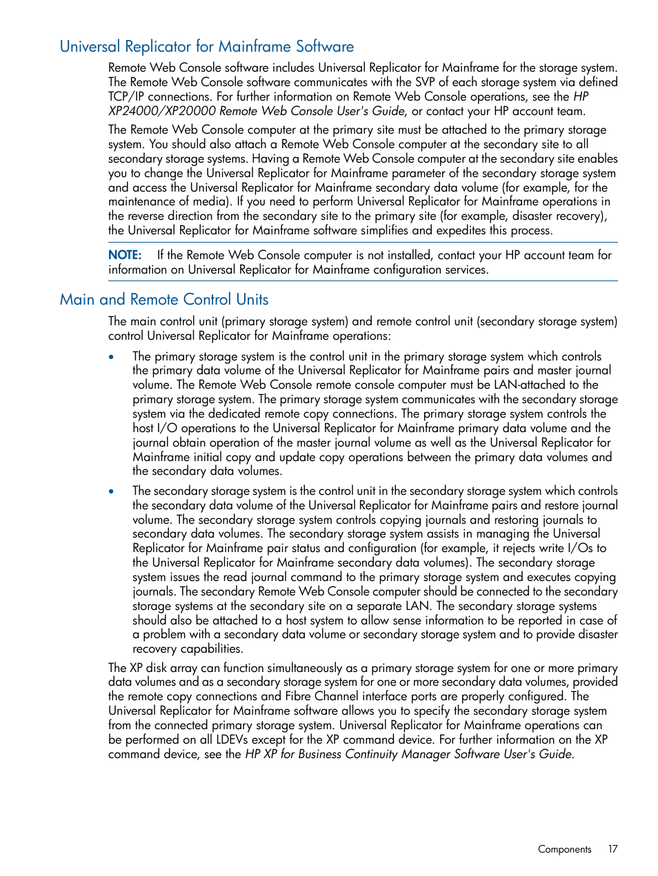 Universal replicator for mainframe software, Main and remote control units | HP StorageWorks XP Remote Web Console Software User Manual | Page 17 / 244
